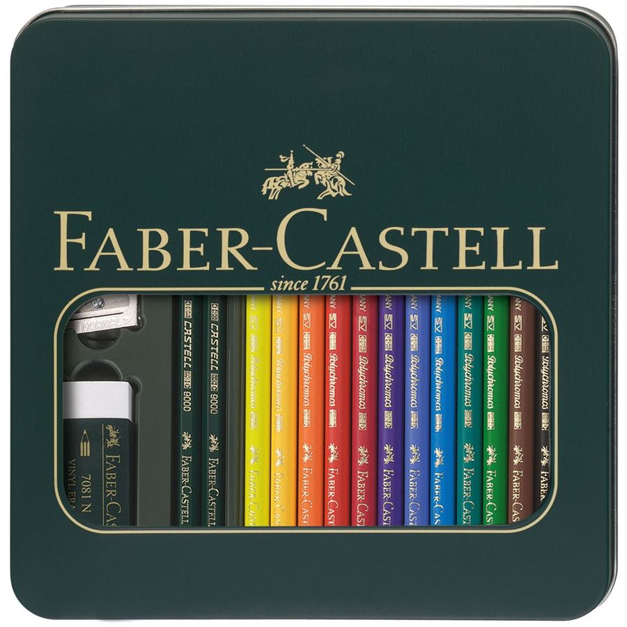 Faber-Castell - Pastelka Polychromos + Castell 9000, plech.krabička 16ks