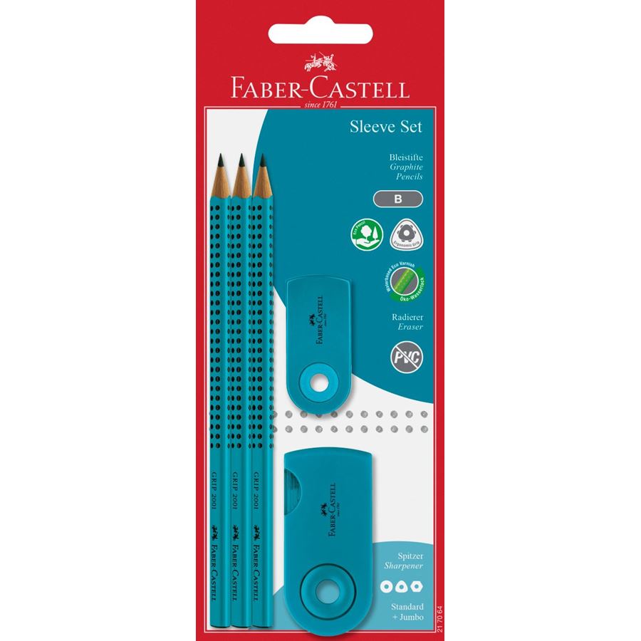 Faber-Castell - Grafitová tužka Grip, B, tyrkysová, sada 3+5 ks