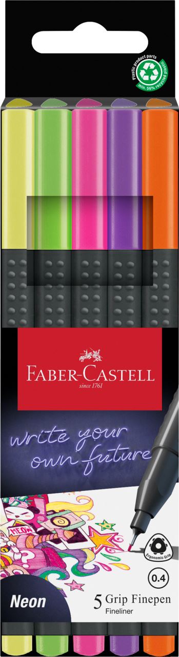 Faber-Castell - Popisovač Grip Finepen Neon, 0.4 mm, plastové pouzdro 5 ks