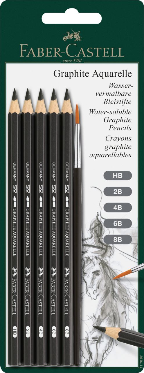 Faber-Castell - Grafitová tužka Graphite Aquarelle, blistr 5 ks a štěteček